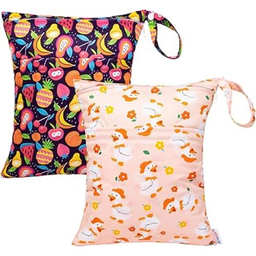 ALVABABY 2pcs Cloth Diaper Wet Dry Bags Waterproof Reusable with Two Zippered Pockets Travel Beach Pool Daycare Soiled Baby Items Yoga Gym Bag for Swimsuits or Wet Clothes LZ7677