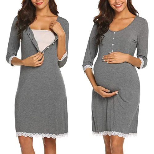Ekouaer Women Maternity Nightgown Breastfeeding Sleepwear Buttons Lace 3/4 Sleeve Nursing Dress - Heather Dark Grey - Medium