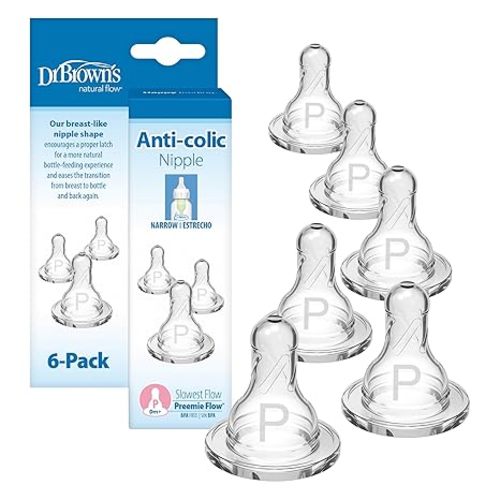 Dr. Brown’s Natural Flow Preemie Flow Narrow Baby Bottle Silicone Nipple, Slowest Flow, 0m+, 100% Silicone Bottle Nipple, 6 Count(Pack of 1)