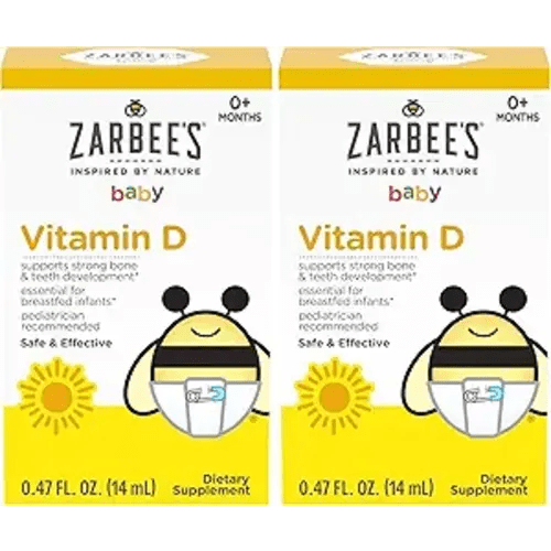 Zarbee's Vitamin D Drops for Infants,400IU (10mcg) Baby & Toddler Liquid Supplement,Newborn & Up,Dropper Syringe Included,0.47 Fl Oz,(Pack of 2)
