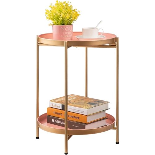 HollyHOME 2-Tier Round Gold Side Table, Outdoor Small Folding Accent Stand with Removable Tray, Anti-Rust Metal Asional Table for Balcony Patio Living Room, Nightstand for Bedroom(Gold&Pink)