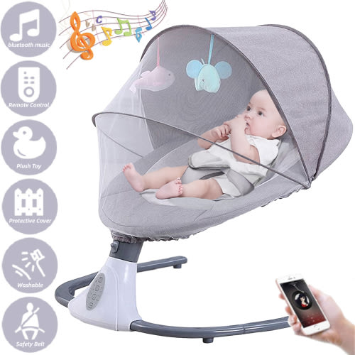 Hurber Electric Baby Swing, Infant Bouncer Chair with Remote Control, Bluetooth Music, 12 Lullabies, 4 Speeds, 4 Timing Set, Unisex, Gray