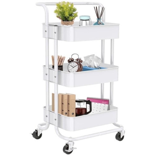 3 Tier Mesh Utility Cart, Rolling Metal Organization Cart with Handle and Lockable Wheels, Multifunctional Storage Shelves for Kitchen Living Room Office White