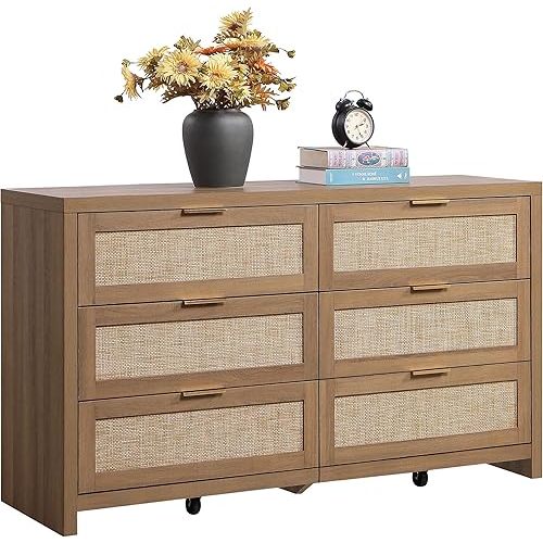 SICOTAS Rattan Dresser for Bedroom, 56.9" Wide 6 Drawer Dresser with Ample Storage, Dressers Large Chest of Drawers, Closet, Boho TV Stand for Bedroom (Reclaimed Caramel Oak, 1 Piece)