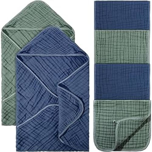6 Pcs Baby Muslin Hooded Bath Towels and Washcloths, 32 x 32 Inch Muslin Cotton Hooded Baby Towels Absorbent Hooded Blankets Newborn Infant (Green, Blue)