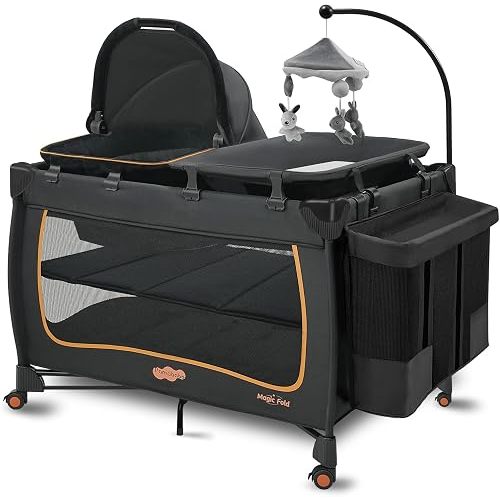 Pamo Babe 6 in 1 Baby Pack and Play with Bassinet - One-Step Setup Travel Crib, Small Portable Playpen for Babies, Portable Baby Bassinet, Changing Table, Toys Bar & Extra Large Storage Bag
