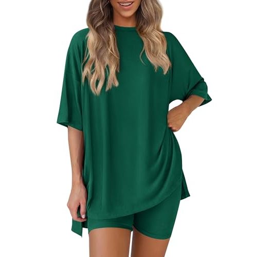 PRETTYGARDEN Women's Two Piece Lounge Set 2025 Summer Casual Oversized Shirts Biker Shorts Matching Airport Travel Outfit