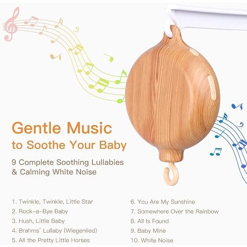 Crib Mobile Motor, Baby Music Box Spinner with 9 Complete Smoothing Lullabies 1 White Noise, 3-in-1 Modes Volume Control, 30 Minutes Auto-Off, Portable Sound Machine