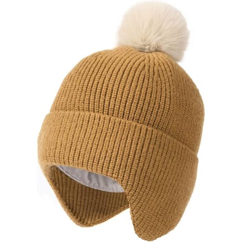 Toddler Baby Winter Hat Warm Fleece Lined Knit Kids Hat with Earflap Infant Newborn Pom Pom Beanie Knit Cap Girls Boys