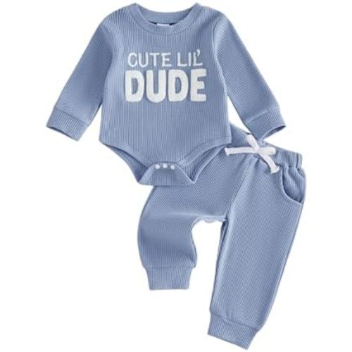 Adobabirl Baby Boy Fall Winter Clothes Cute Lil's Dude Embroidery Long Sleeve Romper Pants Set Newborn Waffle Knit Outfits