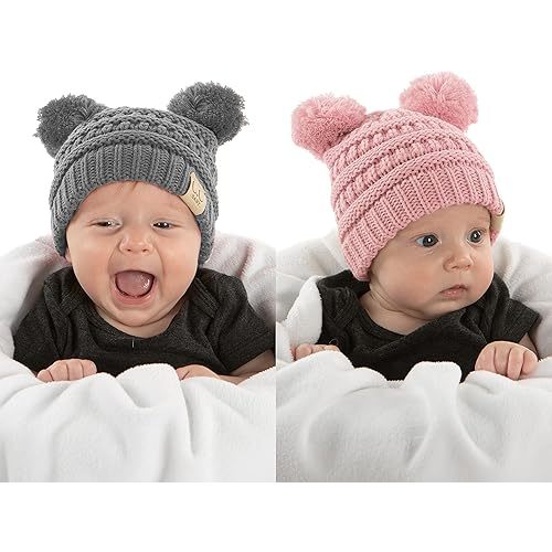 Funky Junque Baby Beanie Hat - Soft Knit Winter Cap with Double Pom Pom - Easter Pastels, Classic Solids, Value Packs