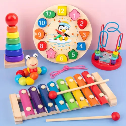 5-in-1 Montessori Nursery Wooden Eight Piano Set Gifts, Enlightenment Clock Toys, Caterpillar Shaped, Multifunctional *, Building Blocks F