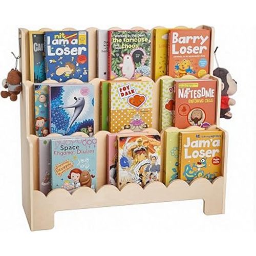 VEVOR 3-Tier Montessori Bookshelf, Scalloped Kids Bookcase, Wooden Book Shelf with 2 Dual Hooks, Daycare Furniture Display Bookshelf for Bedroom, Living Room, Entryway, Nursury, Preschool