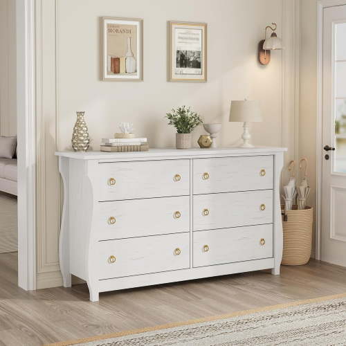 Studyset 6-Drawer Dresser Tall Boho Dresser with Curved Legs, Chest of Drawers, Dressers for Bedroom, Closet Organizers & Storage, Rattan Accents, and Freestanding Storage for Living Room, Bedroom, En