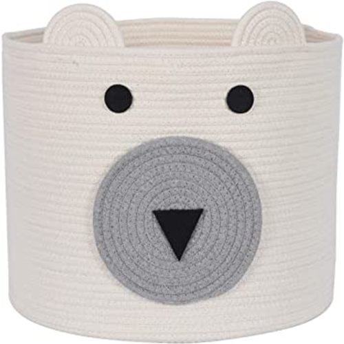 Toy Storage Basket with Handles, Baby Basket with Cute Cartoon Design, Rope Basket Toy Storage, Bear Storage Bin, Baby Clothes Hamper, White Woven Basket, 16”(D) x 14”(H)