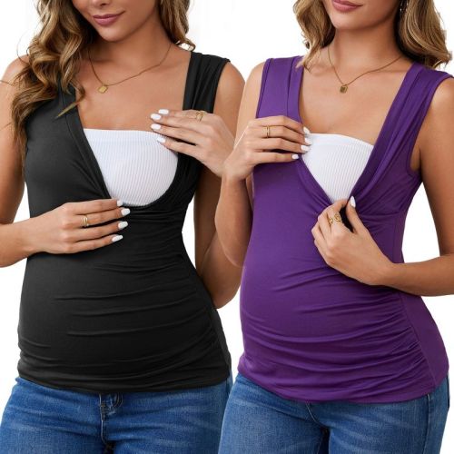 INSPIRE CHIC Women's 2 Pcs Crossover Ruched Maternity Sleeveless Basic Shirt Tank Nursing Tops