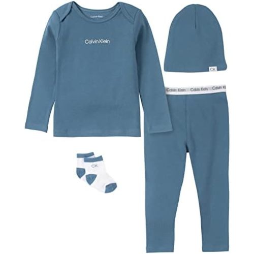 Calvin Klein baby-boys 4-piece Set With Long Sleeve Tee & Pants, Ultra-soft Beanie & Socks Included
