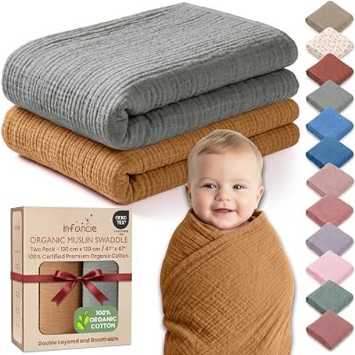 Lot de 2 couvertures de réception pour bébé 100 % coton bio unisexe 120 x 120 cm