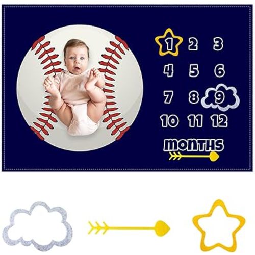 CSFOTO Baseball Baby Monthly Milestone Blanket for Baby Boy Competitive Sports Theme Decor Photography Background Newborn Growth Record Prop Blanket 60 "x40 with Frames