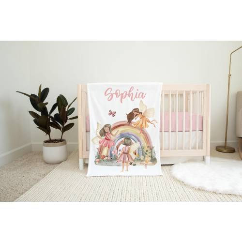 Personalized Fairy blanket, Fairy garden baby bedding, Custom baby blanket, New baby gift, Fairy nursery theme, Pastel Rainbow blanket