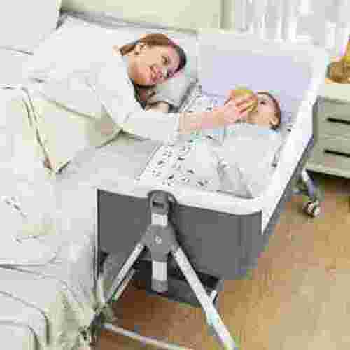 JOJOLAM Baby Bassinet, 5-in-1 Infant Bedside Crib with Changing Table and Locked Wheel, Adjustable Height, for 0-24 Months, Gray