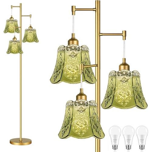 Gold Floor Lamp for Living Room,Bedroom,Tree 3 Light Standing Lamp Mid Century Modern Brass Tall Floor Lamps Vintage Retro Floor Lights Glass Green Flower Lamp Shade Farmhouse Boho Bohemian