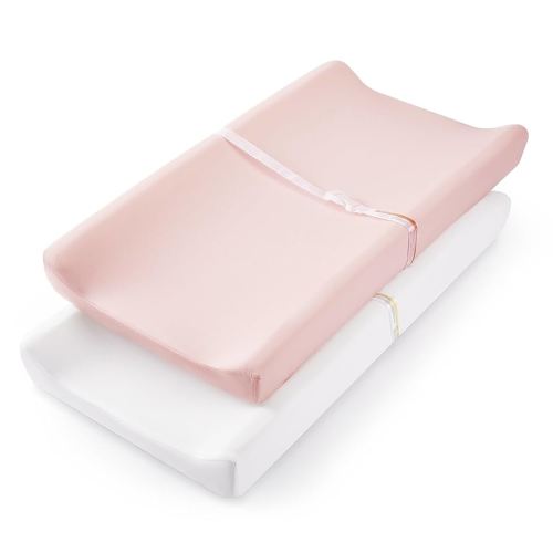 TILLYOU Changing Pad Cover Set in Soft Jersey Material - Fits 32"/34''x16 Contoured Pad for Babies,Peachy Pink & White