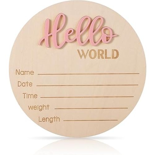 Newborn Announcement Sign, 5.9in Wooden Hello World Sign Baby Welcome Sign Birth Baby Name Plaques for Newborn Boys and Girls Photo Props Baby Shower Hospital Nursery (Light Pink)