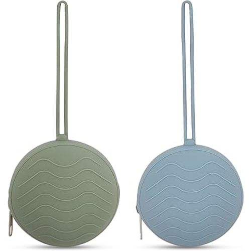 Silicone Pacifier Case, 2 Pack, Portable Diaper Bag Storage Pouch, BPA Free (Sage/Sky Blue)