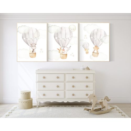 Nursery decor neutral, hot air balloon, woodland animals, gender neutral, baby room decor, elephant, bunny, giraffe, nursery prints