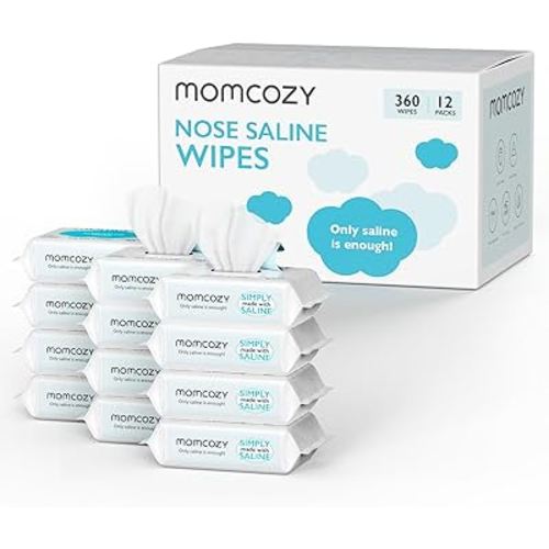 Baby Wipes, Momcozy Saline Nose and Face Wipes, Made Only With Natural Saline, 100% Biodegradable, Unscented & Hypoallergenic for Sensitive Areas Cleansing, Easy to Carry, 360 Count (Packs of 12)
