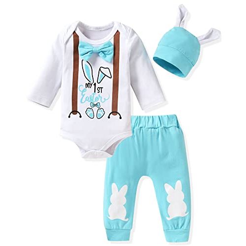 fioukiay Preemie Newborn Baby Boys Easter Outfits Infant My First Easter Baby Bunny Clothes Clothing Pants Set with Hat