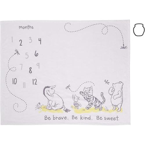 Disney Classic Winnie The Pooh, White, Grey & Lime Super Soft Milestone Baby Blanket, White, Grey, Lime, Charcoal