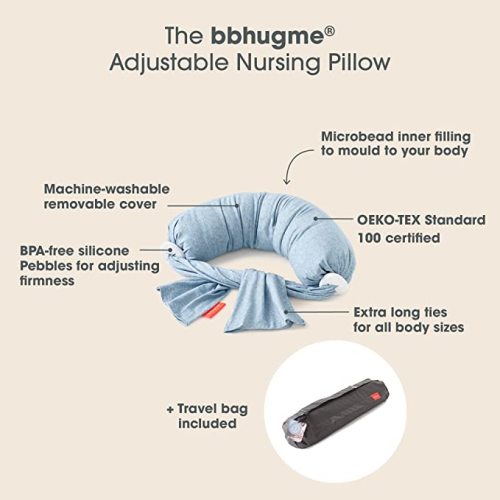 bbhugme Adjustable Nursing Pillow - Breastfeeding, Bottle Feeding, Baby Support - Adjustable Firmness and Fit - Washable Pillow Cover - Blue Melange