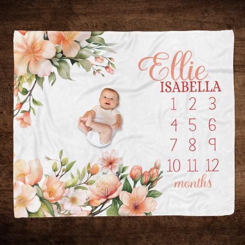 PEACH FLORAL MILESTONE Blanket, Baby Girl Peach Flower Baby Blanket, Month Blanket for Baby Girl, Floral Baby Girl Gift, Baby Growth Blanket