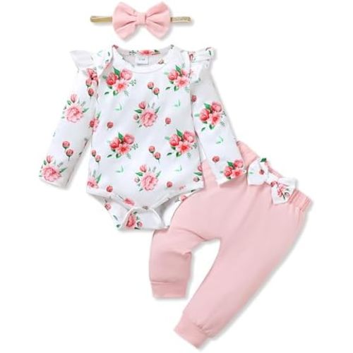 YALLET Baby Girl Clothes Newborn Infant Girl Outfits Floral Romper+Pants+Headband Fall Baby Layettes for Clothing 0-18 Months