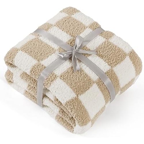 Bedsure Checkered Throw Blanket for Couch - Super Soft, Cozy & Warm Knit Blanket, Breathable, Lightweight & Fluffy for Bed & Sofa, Checkered Beige, 50x60 Inches