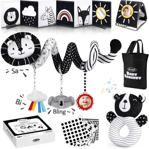 Joyreal High Contrast Baby Toys for Newborn, Black and White Baby Sensory Toys with Car Seat Toys,Infant Toys with Black White Cards Book, Montessori Toys for Baby Gifts