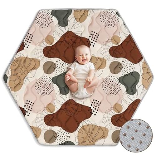 Blissful Diary Hexagon Playpen Mat,52x48 Thicken Soft Playpen Mat fits Regalo Portable Play Yard 48 Inch and Hiccapop 53" PlayPod Playpen,Washable Baby Play Mat for Infants Toddler Kids,Boho Design - 52" X 48"
