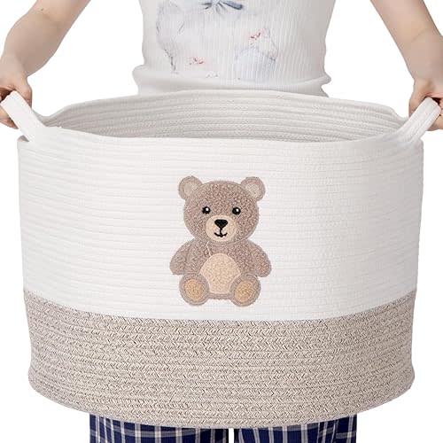LemonRoad Bear Extra Large Cotton Rope Basket 20"x14", Embroidered Woven Baby Laundry Blanket Basket Box with Handle Storage, Blanket Storage for Living Room Nursery Pillows Laundry Baby Toy Chest