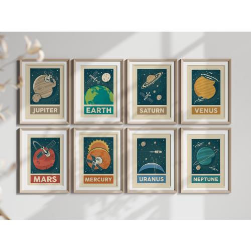 Retro Solar System Planet Wall Print Set of 9, Space Wall Print, Astronomy, Retro Poster, Moon, Wall Decor, Printable Art, Digital Download
