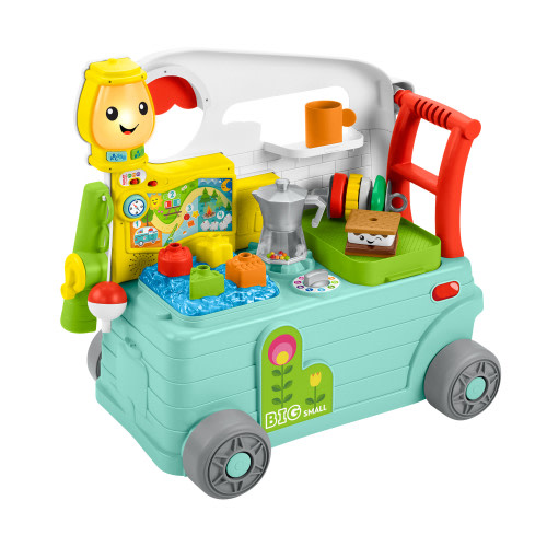 Fisher-Price Laugh & Learn 3-in-1 On-the-Go Camper Infant Walker, Musical & Steady Baby Busy Activity Center Toy