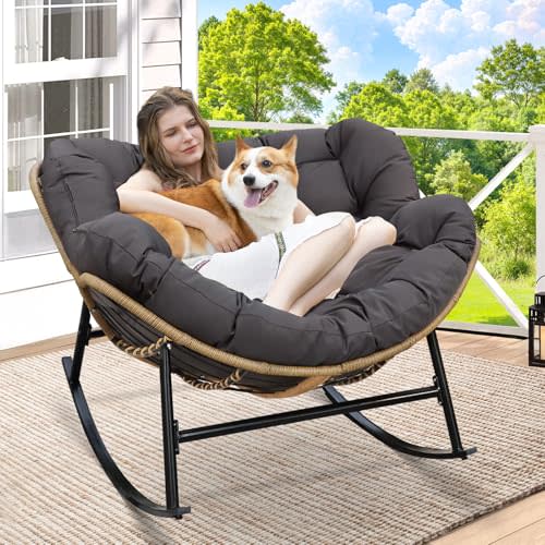 RADIATA Rocking Egg Chair, Indoor Outdoor Oversized Lounge Chair, Wicker Papasan Rocker with Water Resistant Cushion Cover, 450 lbs Weight Capacity for Patio Porch Garden (Dark Grey)