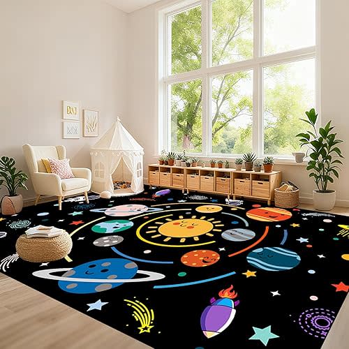 Solar System Rug-Machine Washable 6x9 Feet Space Rug for Kids Room Space Carpet for Kids Bedroom Outer Space Decor for Kids Room Planet Themed Bedroom Decor