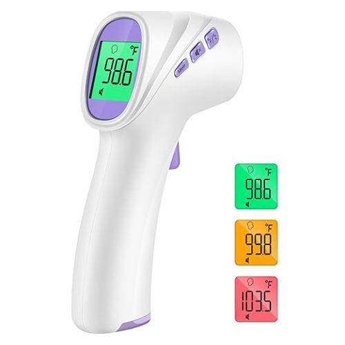 Forehead Thermometer for Adults, Kids & Babies, No-Touch Infrared Thermometer, Digital Thermometer with LCD Backlight Display, Fever Alarm and 1s Instant Reading - Purple