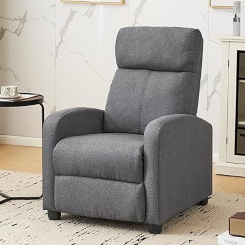 Furnimart Small Manual Recliner for Small Spaces, Faux Linen Chair with Chunky Overstuffed Cushion, Single Sofa Recliner for Adults for Home Theater Living Room Bedroom, Linen Gray