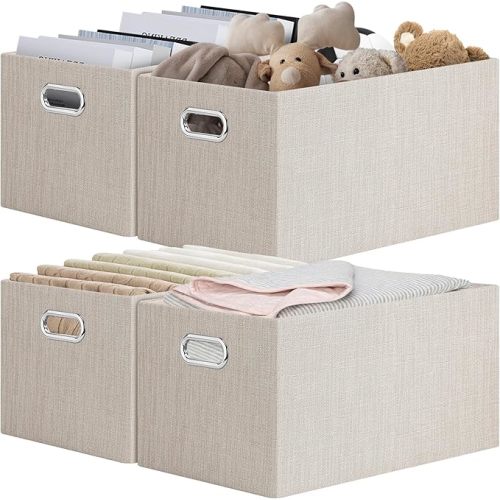 Posprica Closet Storage Bins, 4 Pack Closet Shelf Organizers, Linen Fabric Decorative Storage Baskets for Organizing, Foldable Storage Box for Clothes, Toy, 15x10.5x8.25 Inch (Beige)