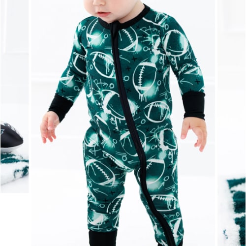 graffiti football convertible romper : GREEN AND WHITE/SILVER – Birdie Bean