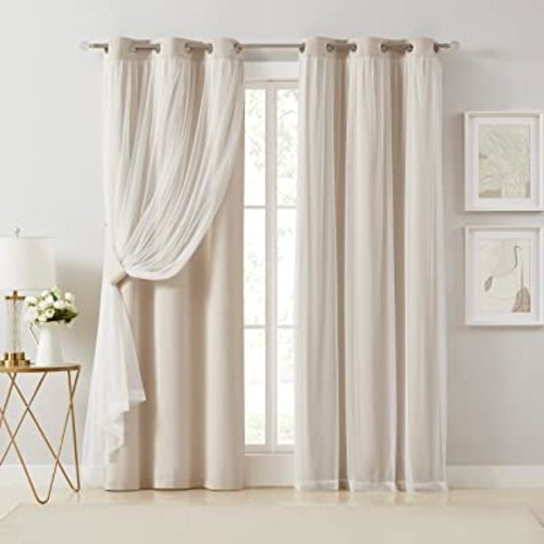 Bujasso Beige 90% Blackout Curtains with Sheer Overlay Mix and Match Double Layer Thermal Insulated Window Panels 95 inch for Living Room Bedroom Beige Drapes with Tiebacks Grommet Top 37" Wx95 Lx2
