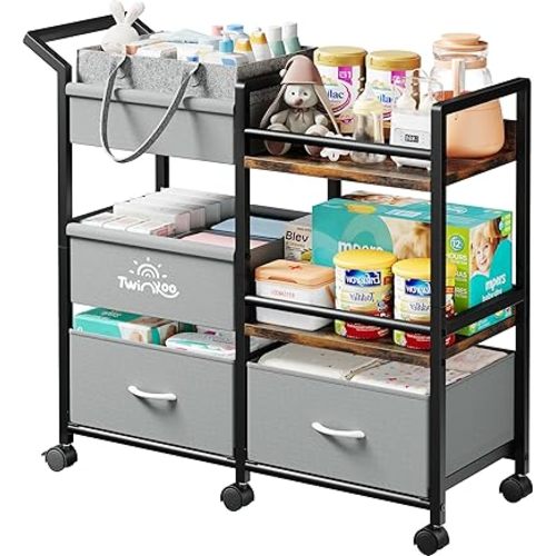 Baby Diaper Caddy Organizer, 3 Tier Rolling Storage Cart with Dividers and Drawers, Bedside Utility Cart for Nursery Essentials, Large Capacity Mobile Storage Cart for Crib, Bedroom